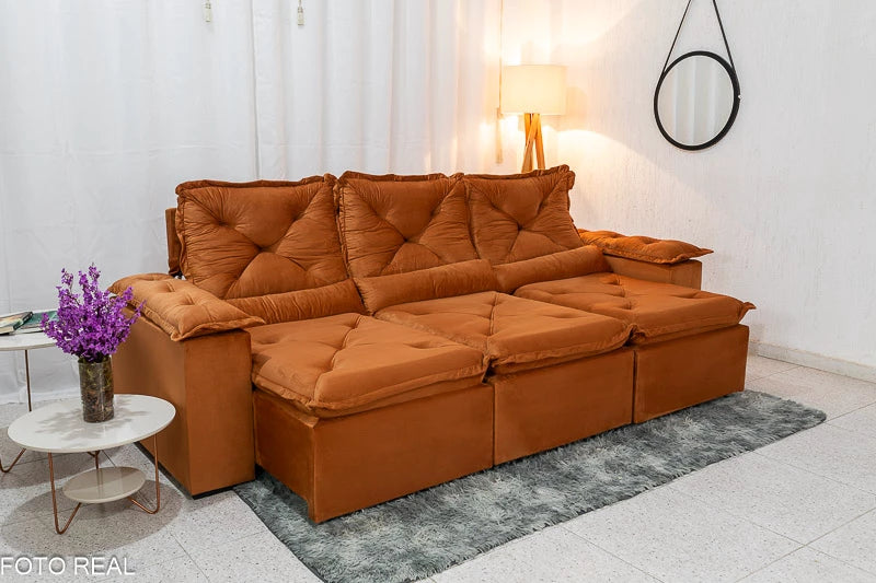 Sofá Retrátil Reclinável 2.70m Texas Veludo Terracota - Móveis furniture
