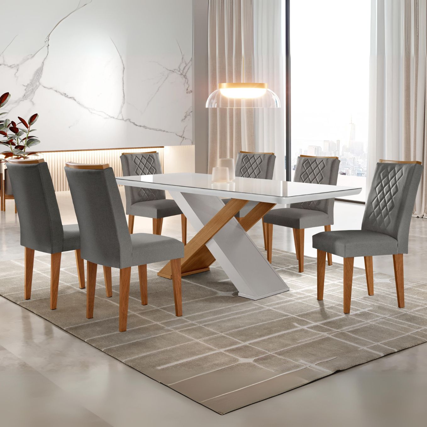 Mesa Imperatriz 180 Canto Copo Imbuia/Off White com 6 Cadeiras Jade Linho Grafite – RUFATO - Móveis furniture