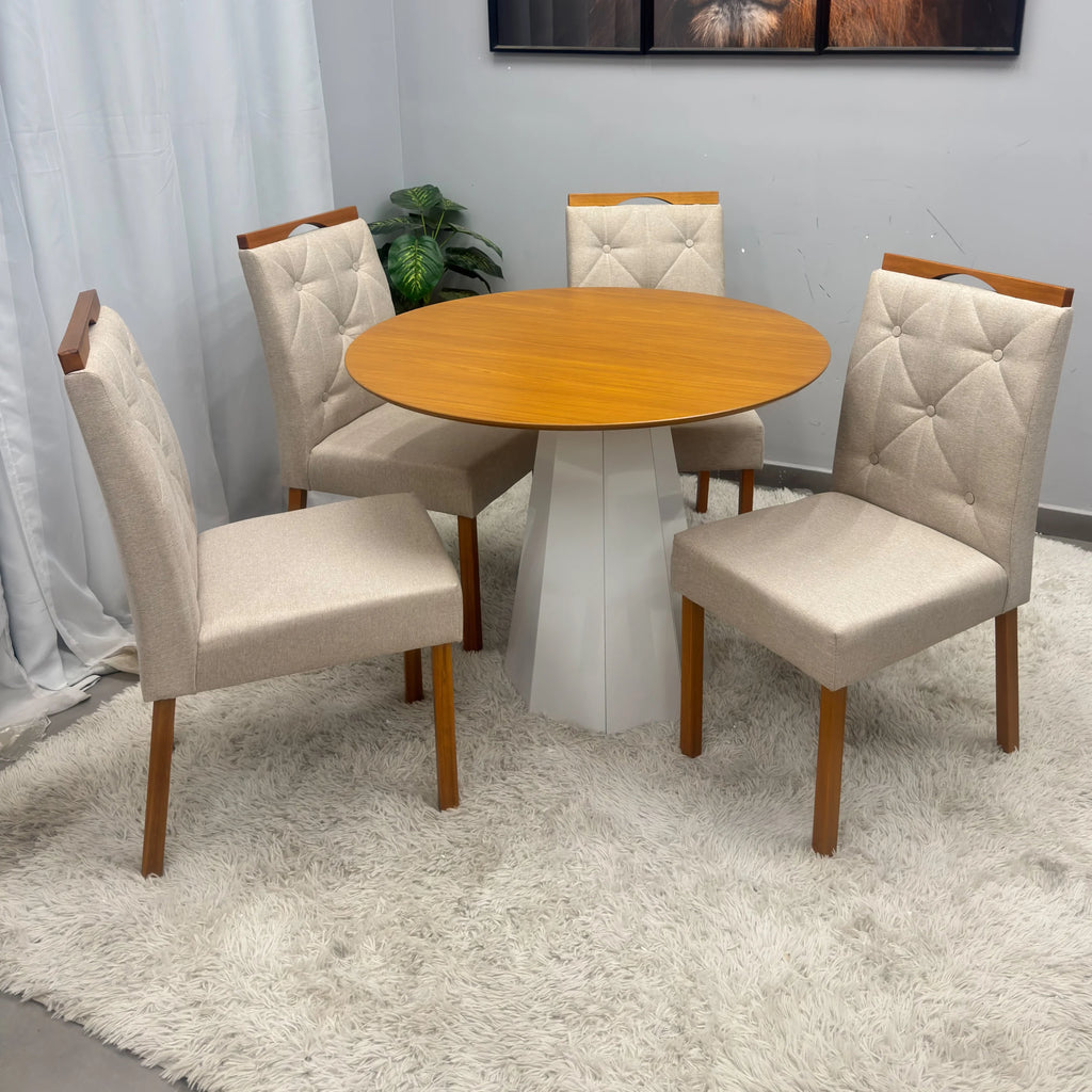 Mesa de Jantar Isis Sem Vidro Redonda 100cm e 4 Cadeiras Jasmim em Veludo Estofadas New Ceval
