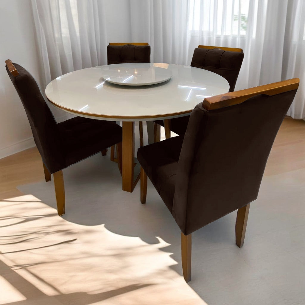 Mesa Redonda Atlanta 120 Cinamono/Off White com 4 Cadeiras Sophia/Capri Veludo Marrom – MINASPLAC + WM DECOR