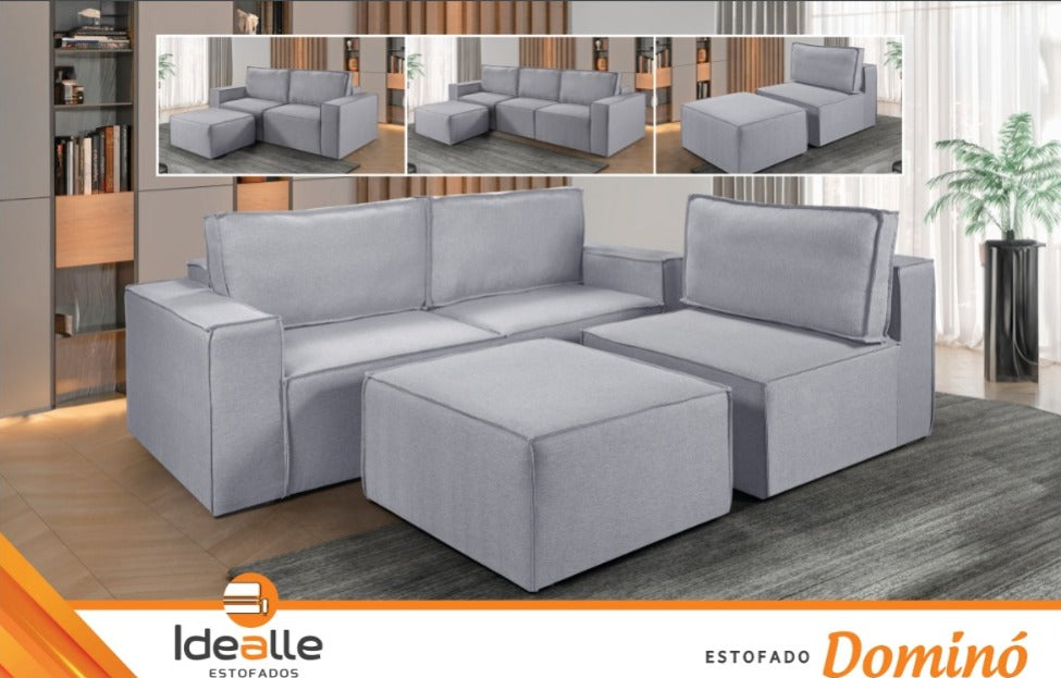 Estofado Domino 320 3x90 mais Braco 25 e Puff 90 Linho Cinza Idealle - Móveis furniture