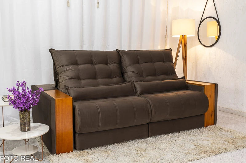 Sofá Retrátil Reclinável 2.30m Gênova Veludo Marrom  - Molas Ensacadas