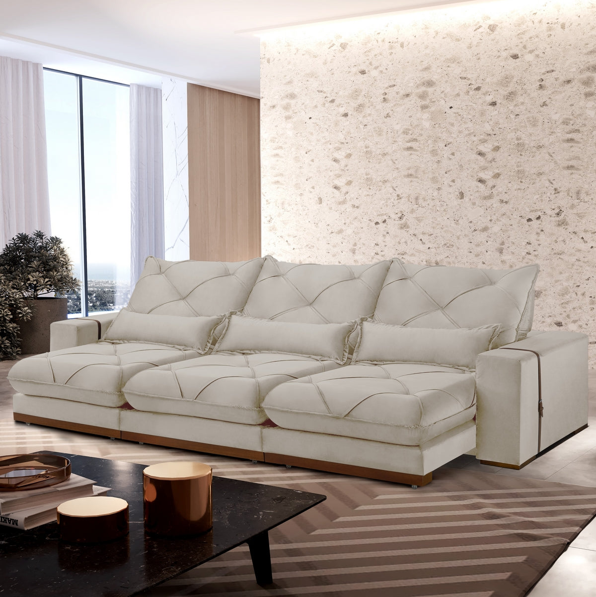 Sofá Retrátil e Reclinável Luanda/Isabella 3,50 m Veludo Bege – TREVO ESTOFADOS - Móveis furniture