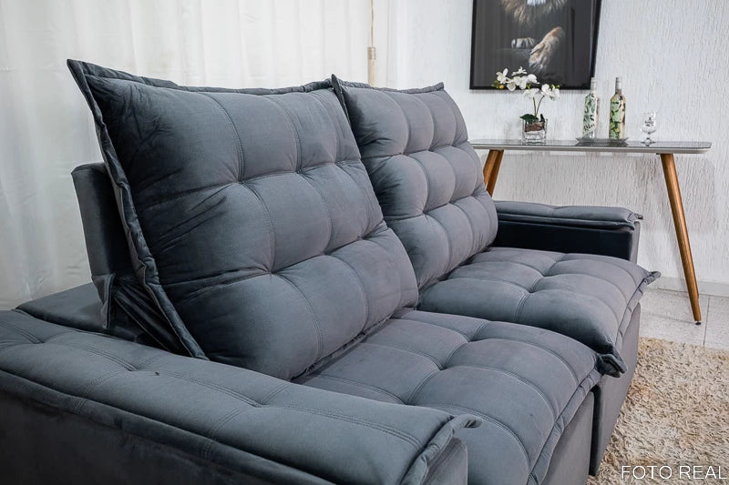 Sofá Retrátil Reclinável Atenas 2.10m Veludo Cinza D33 e Molas Ensacadas - Móveis furniture