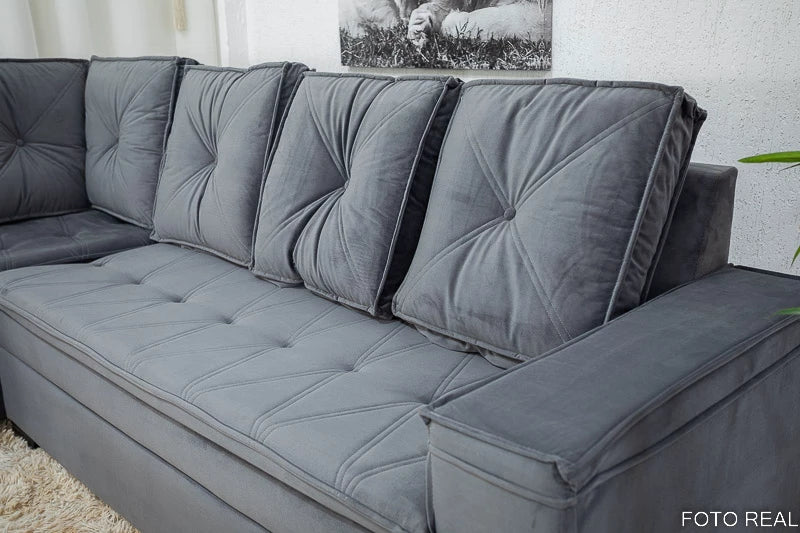 Sofá Canto 5 lugares com Puff Alemanha Veludo Grafite A15 - Móveis furniture