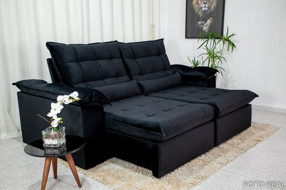 Sofá Retrátil Reclinável 2.90m Emanuelly Veludo Preto - Móveis furniture