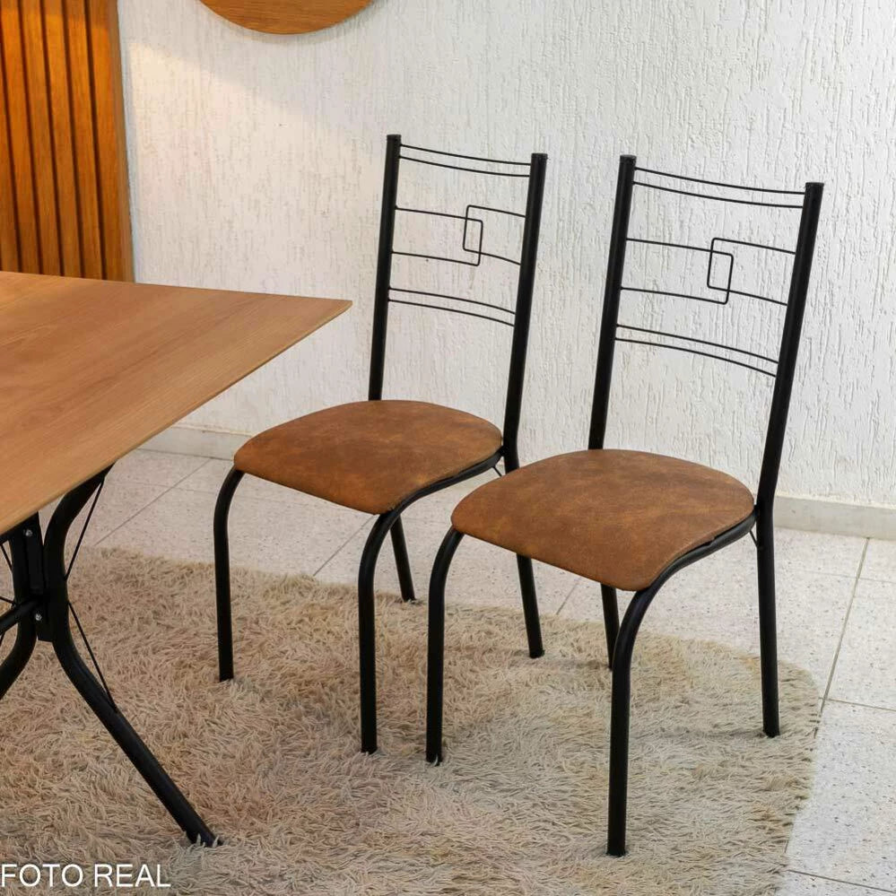 Mesa Paraty Base Cabo Frio Preto Tampo Madeirado 120×75 4 Cadeiras Paraty Assento Marrom - Teixeira