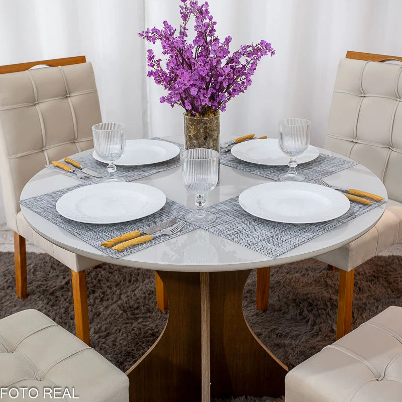 Mesa de Jantar Siena Redonda 100cm Vidro Off/Base Cinamomo + 4 Cad. Londres Veludo Avelã Madeira Minas Plac - Entregue Montada