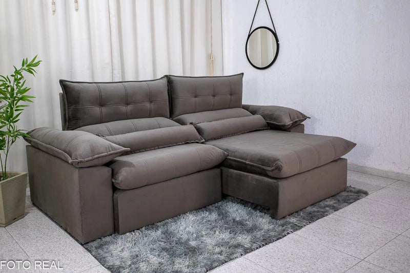 Sofá Retrátil Reclinável 2.50m Lenon Veludo Marrom - D28 Soft e Molas Ensacadas - Móveis furniture