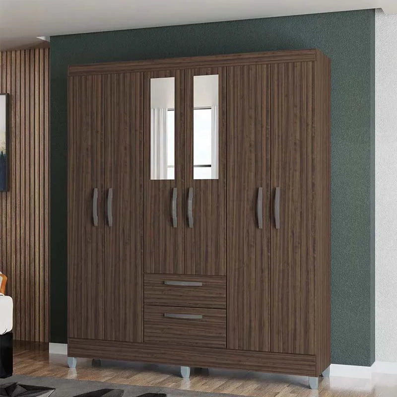 Roupeiro Multi 6 Portas 2 Gavetas c/Espelho e Pés Larg. 1.48m Chocolate Poquema - Móveis furniture