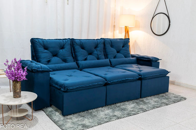Sofá Retrátil Reclinável 2.70m Texas Veludo Azul - Móveis furniture