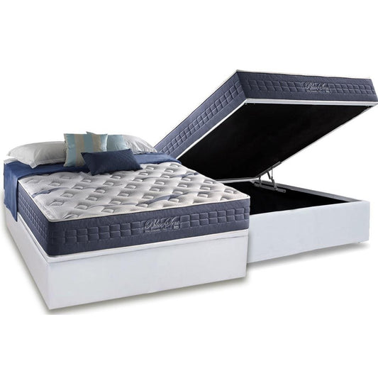 Colchão Casal Blue Sea D28 + Base Box Baú Avalon Branco – ANJOS COLCHÕES + AVALON
