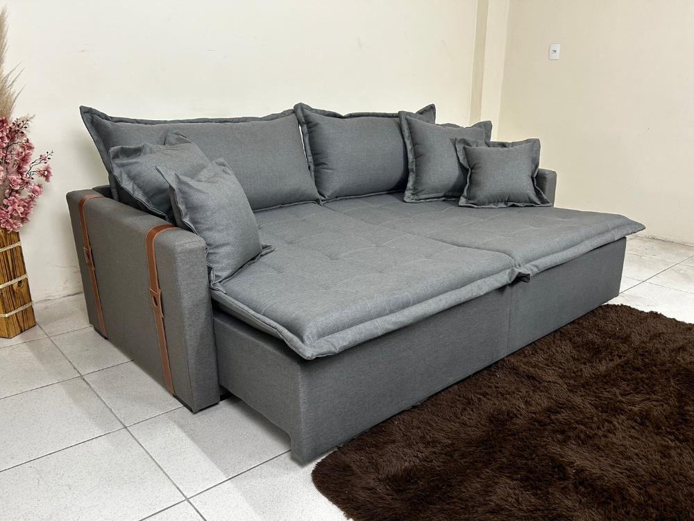 Sofá Cama Retrátil Reclinável Esparta 2.20m – Grafite Linho / Marrom Courino - Móveis furniture