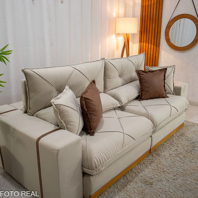 Sofá Retrátil Reclinável Gran Bello 2.30m Veludo Bege - Molas Ensacadas Pocket