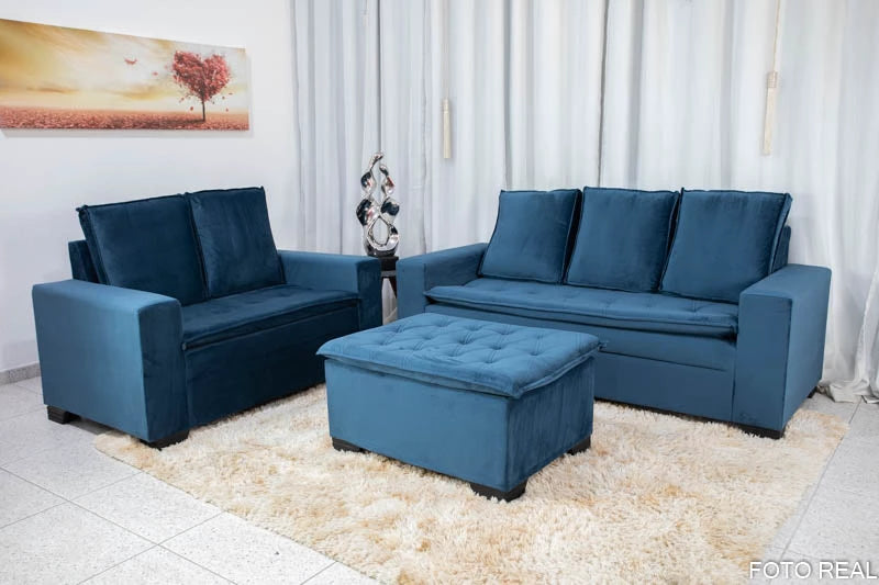 Sofá 3 e 2 lugares França com Puff Veludo Azul A16 - Móveis furniture