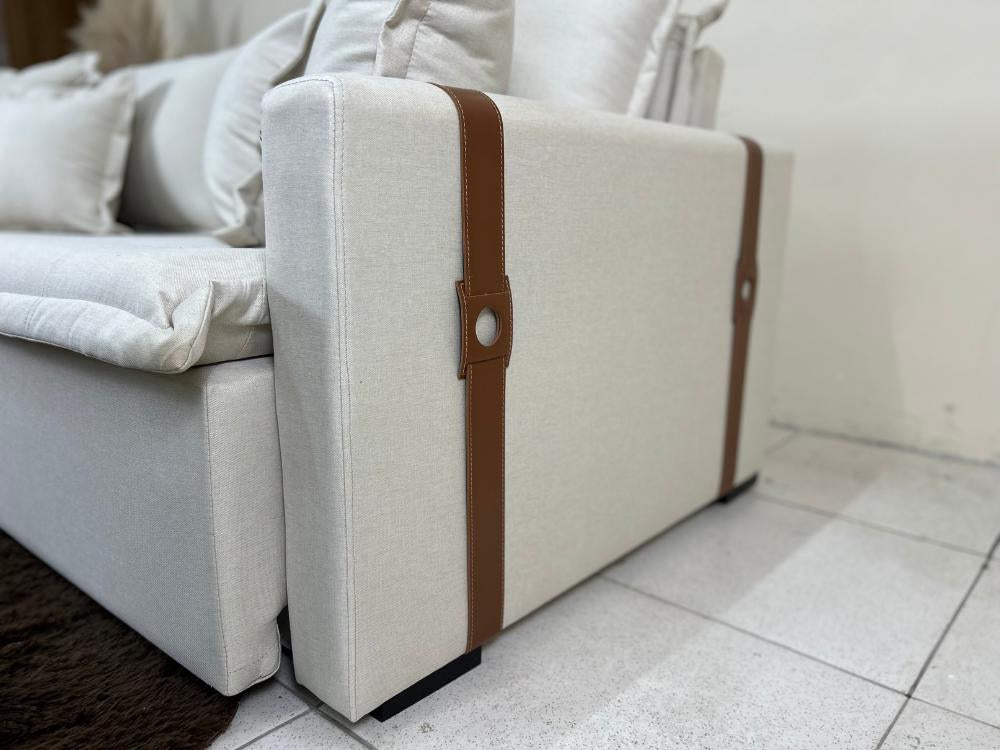Sofá Cama Retrátil Reclinável Esparta 2.20m – Bege Linho / Marrom Courino - Móveis furniture