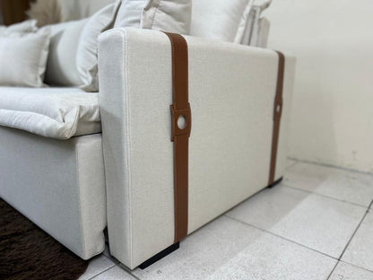 Sofá Cama Retrátil Reclinável Esparta 2.20m – Bege Linho / Marrom Courino - Móveis furniture