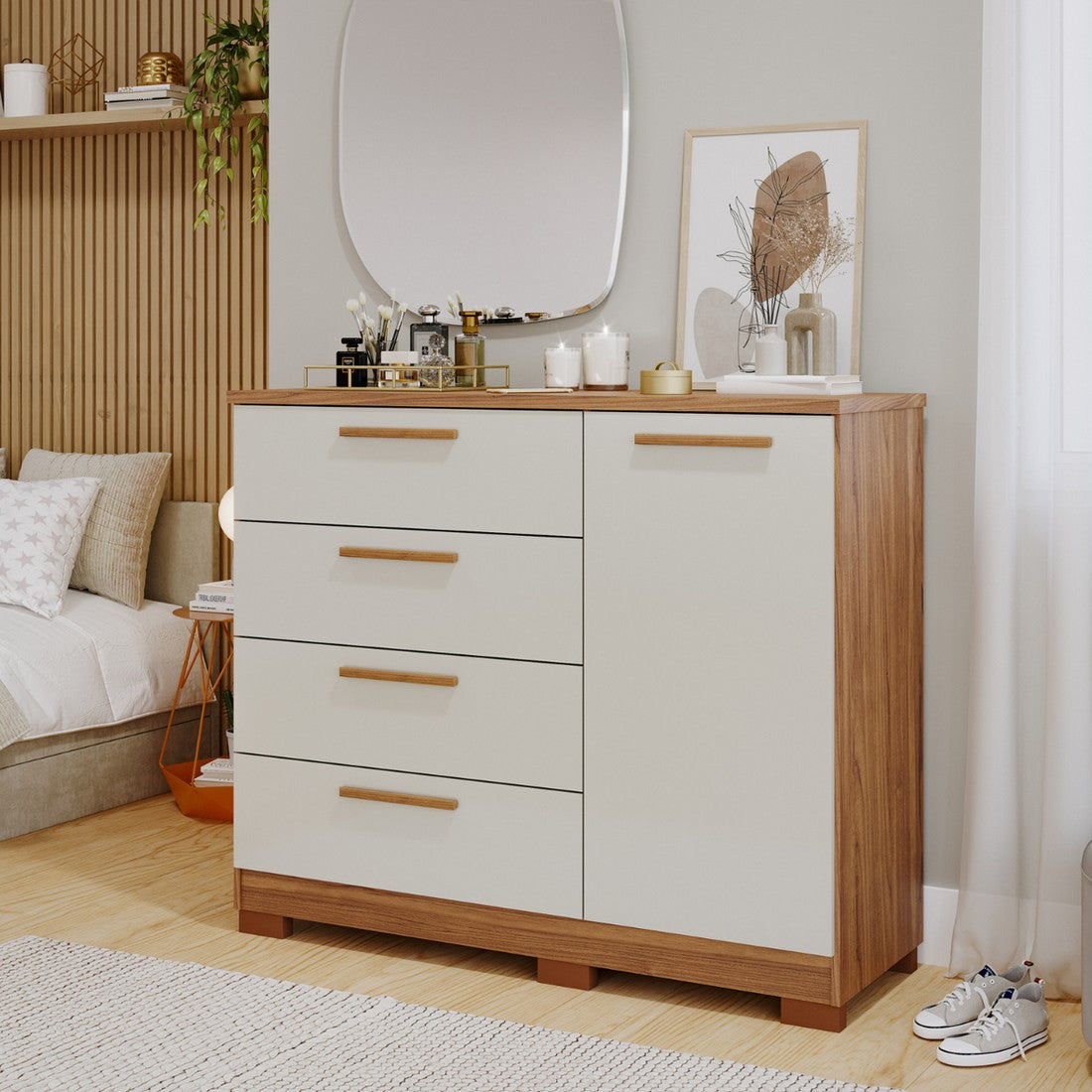 Cômoda 4 Gavetas com Sapateira Malu Cinamono/Off White – PANAN MÓVEIS - Móveis furniture