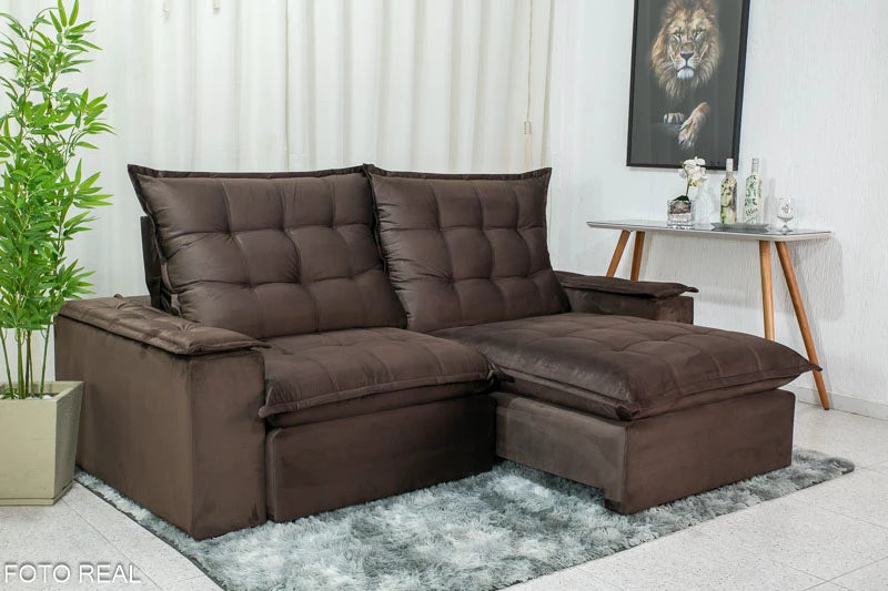 Sofá Retrátil Reclinável Atenas 2.10m Veludo Marrom D33 e Molas Ensacadas - Móveis furniture