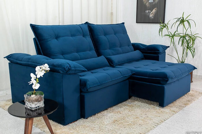 Sofá Retrátil Reclinável 2.90m Emanuelly Veludo Azul - Móveis furniture