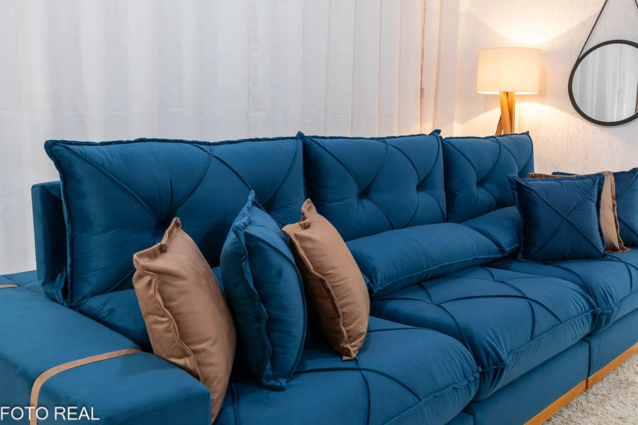 Sofá Retrátil Reclinável Gran Bello 3.20m Veludo Azul - D33 e Molas Ensacadas