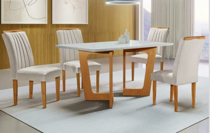 Conjunto Mesa Dubai 120x90 Tmp Smart MDF.Vdr Cinamomo.Off Whit com 4 Cds Marselha Tec 168 Veludo Bege CEL Moveis - Móveis furniture