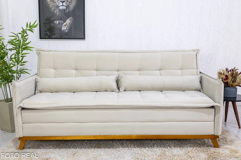Sofá Cama Lotus larg. 1.93m Molas Bonnel Veludo Bege - Móveis furniture