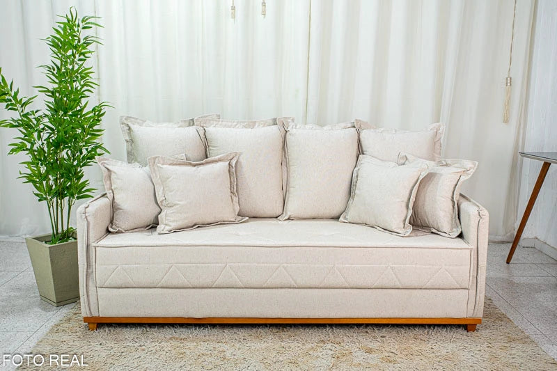 Sofá 3 lugares Vican Linho e veludo Bege  Larg. 2.00m - Molas Bonnel