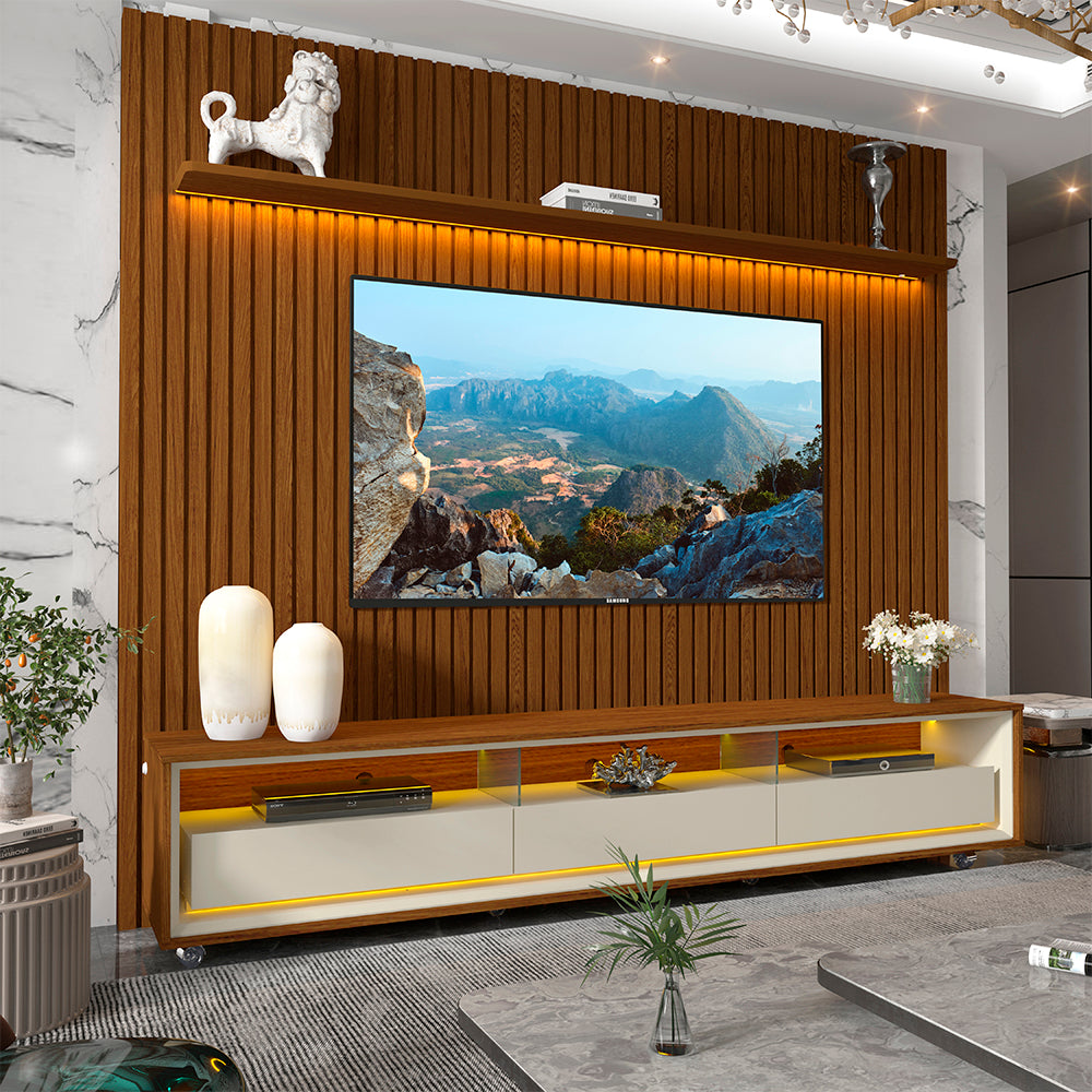 Conjunto Painel Nobre 230 Castanho e Rack Requinte 212 Pes Madeira Castanho.Off White Gelius - Móveis furniture