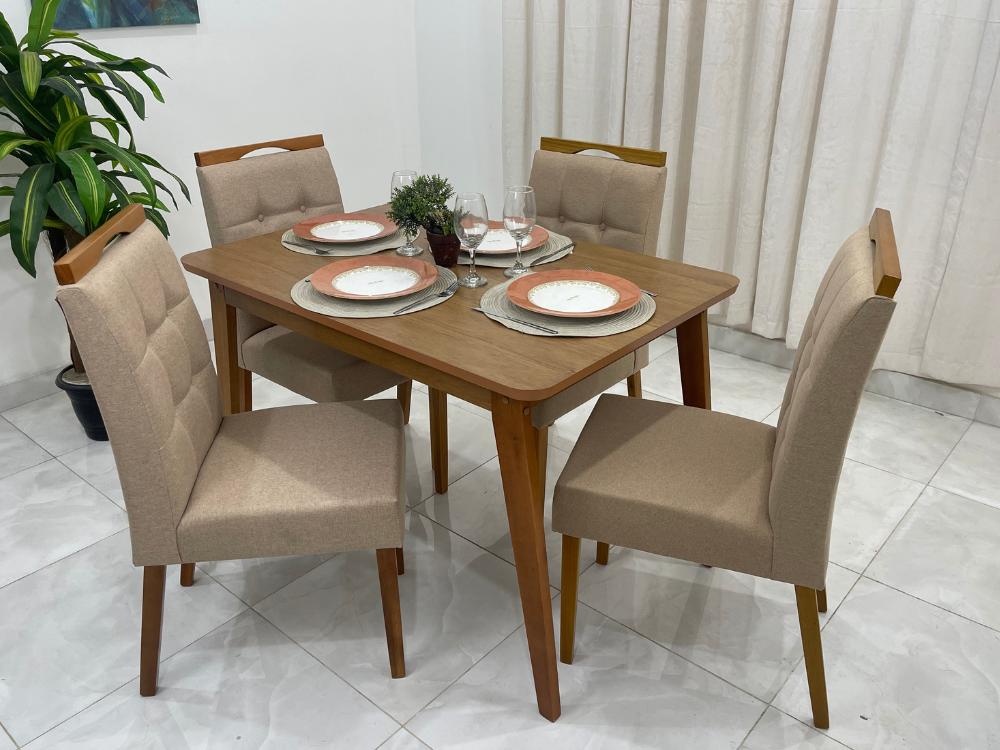 Mesa de Jantar Elegance 1.20×0.80 Com 4 Cadeiras Nicole – Cinamomo/Bege Linho - Móveis furniture