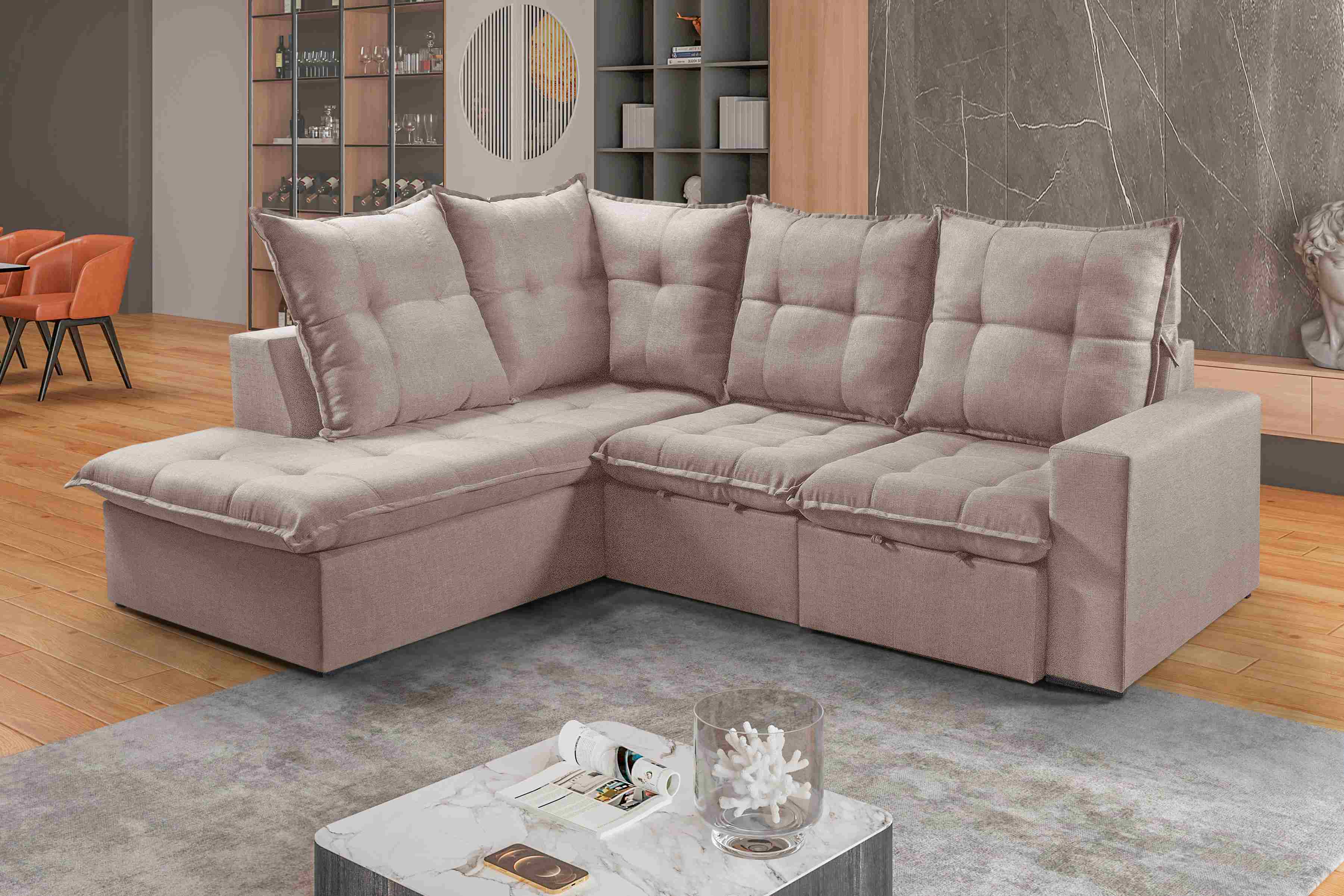 Estofado Retr Reclinavel Colatina 260 2x70 com Chaise 100 Linho Bege - Móveis furniture
