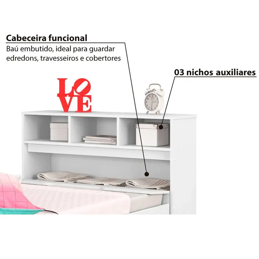 Cama Ravena COM Cama Auxiliar Solteiro 2 Gavetas e Baú Conquista CINAMOMO OFF WHITE