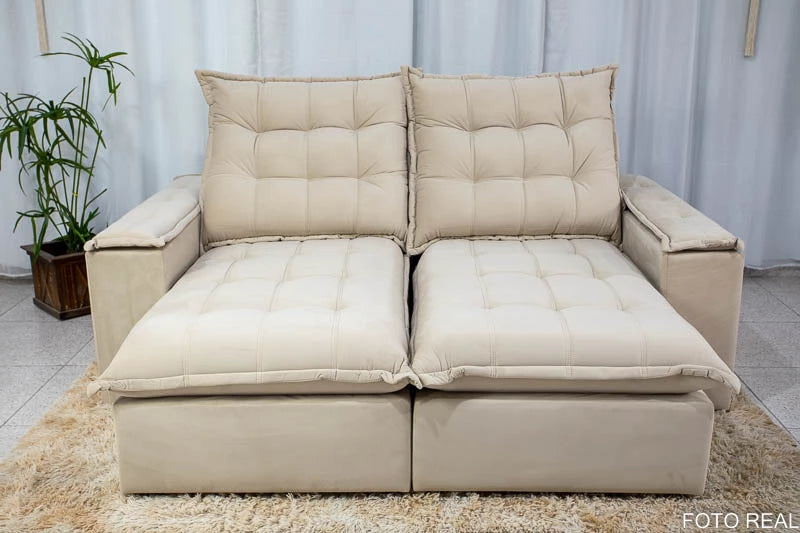 Sofá Retrátil Reclinável Atenas 2.10m Veludo Bege 818 D33 e Molas Ensacadas - Móveis furniture