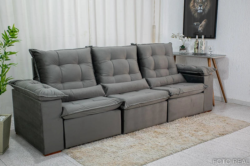 Sofá Retrátil Reclinável Madri 2.70m Veludo Cinza - Móveis furniture