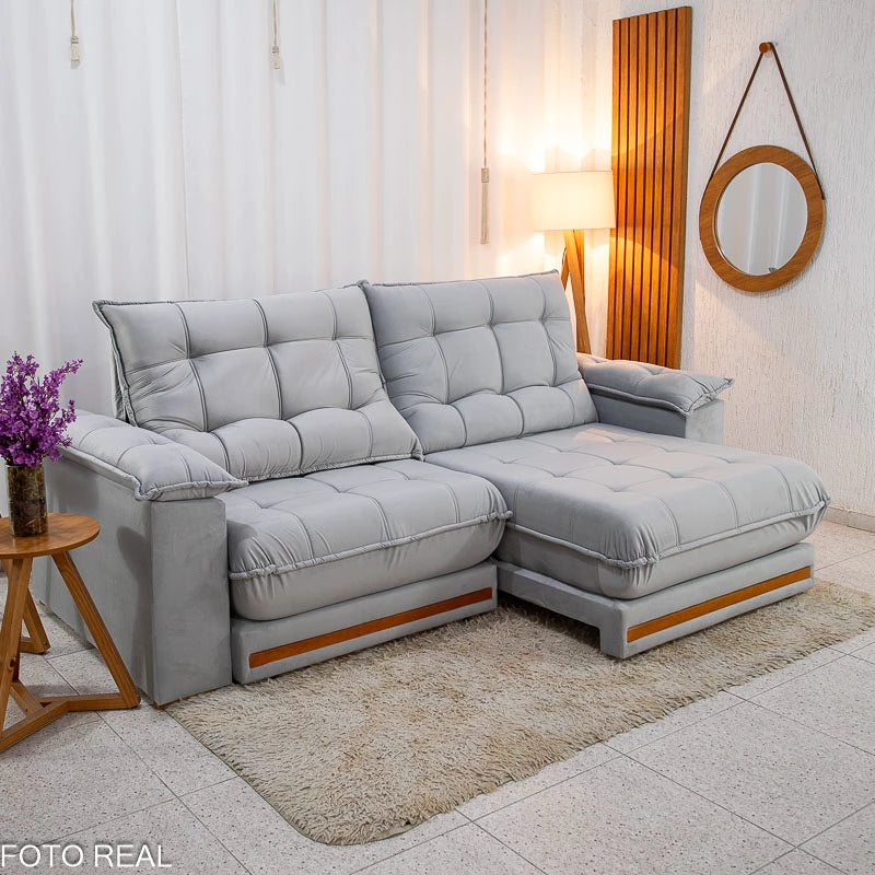 Sofá Retrátil Reclinável Barcelona 2.30m Veludo Prata  - D33 e Molas Ensacadas