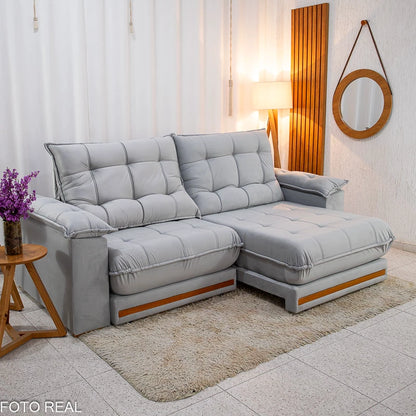 Sofá Retrátil Reclinável Barcelona 2.30m Veludo Prata  - D33 e Molas Ensacadas