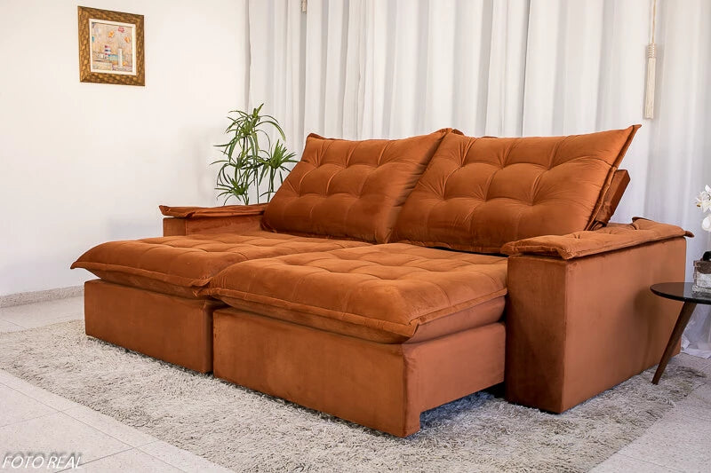 Sofá Retrátil Reclinável Atenas 2.10m Veludo Ferrugem D33 e Molas Ensacadas - Móveis furniture