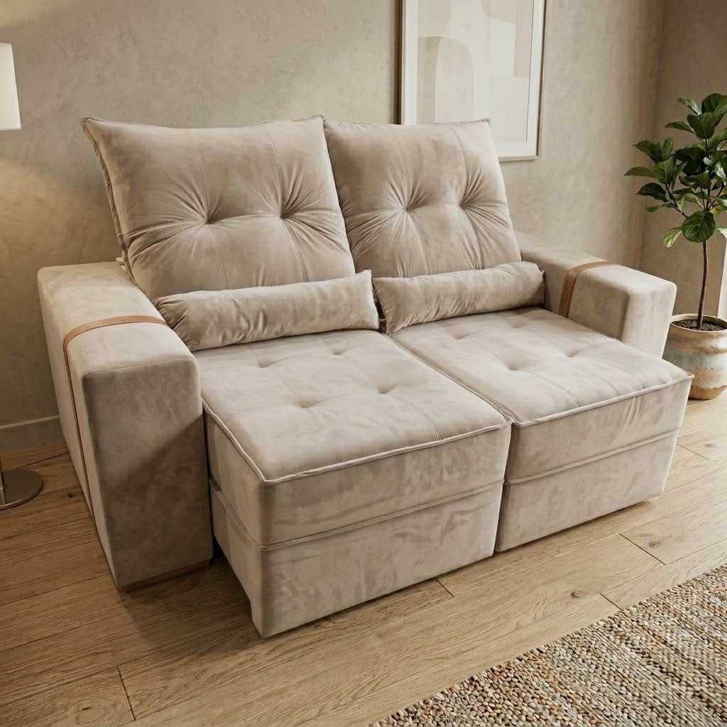 Sofá Retrátil e Reclinável Júnior 1,80 m Veludo Bege 03 – IMPERIAL DECOR