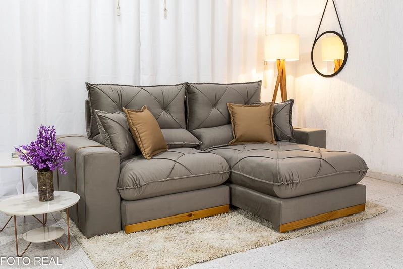 Sofá Retrátil Reclinável 2.30m Gran Bello Veludo Capuccino- D33 e Molas Ensacadas
