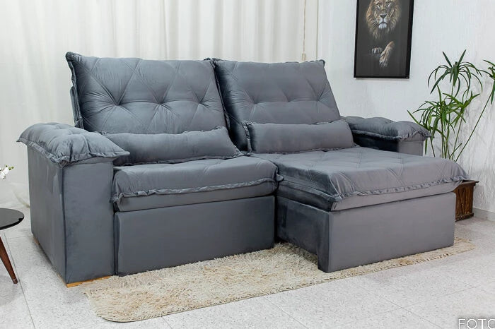 Sofá Retrátil Reclinável Califórnia Veludo Cinza 526 Larg. 2.50m - D28 Hiper