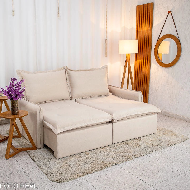 Sofá Retrátil Reclinável Lima 2.00m Linho Bege A57 - Sem Caixa