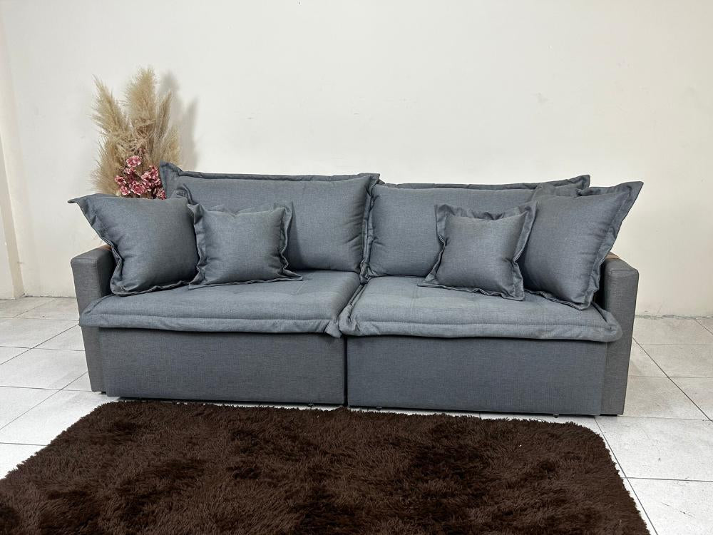 Sofá Cama Retrátil Reclinável Esparta 2.20m – Grafite Linho / Marrom Courino - Móveis furniture