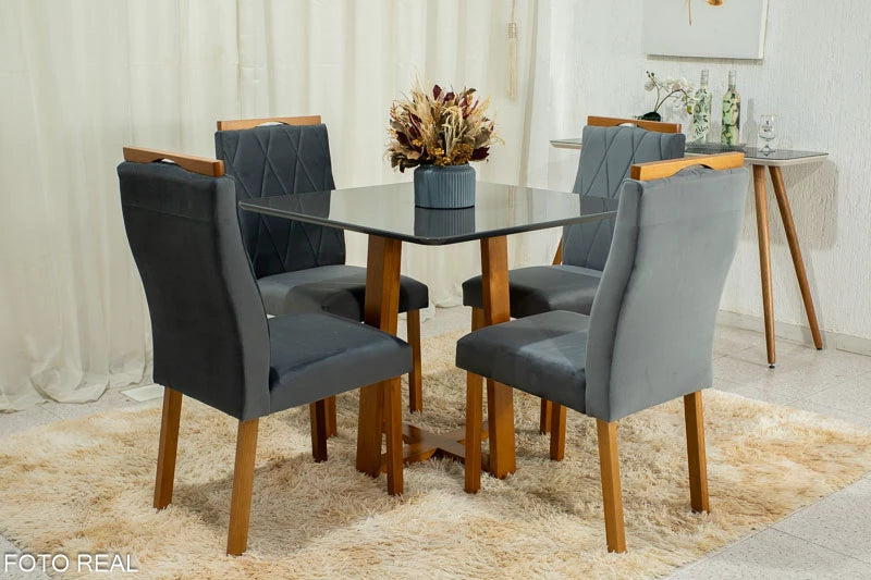 Mesa de Jantar Pedro Mel Tampo Vidro Grafite 90×90 4 Cadeiras Lisboa Veludo Grafite - Móveis furniture