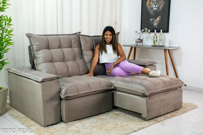 Sofá Retrátil Reclinável Atenas 2.10m Veludo Cinza 813 D33 e Molas Ensacadas - Móveis furniture