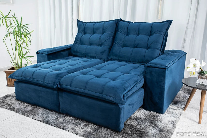 Sofá Retrátil Reclinável Atenas 2.10m Veludo Azul 800 D33 e Molas Ensacadas - Móveis furniture