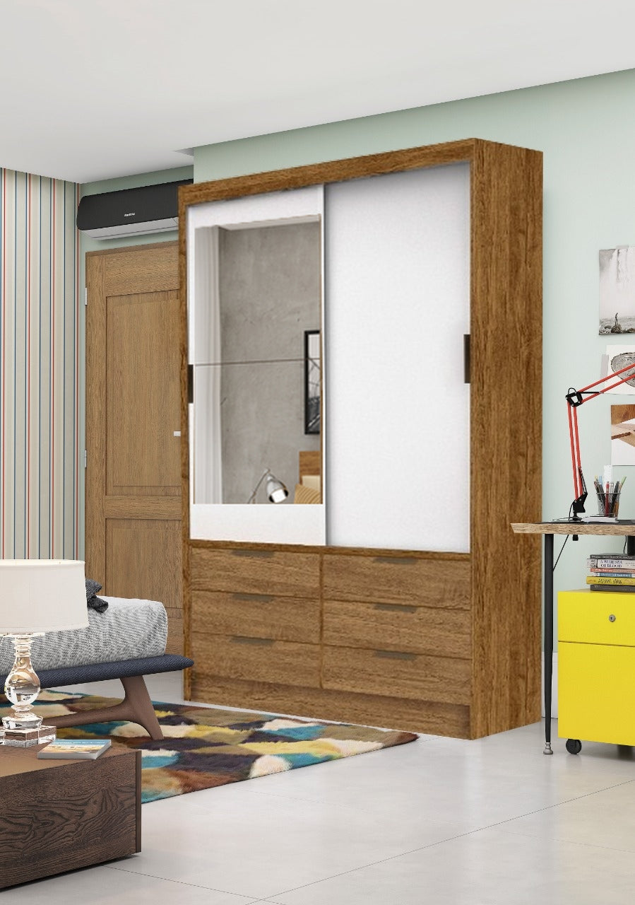 Guarda-Roupa 2 Portas Sevilha Plus(Com espelho) 1,10 m Freijó/Branco – - Móveis furniture