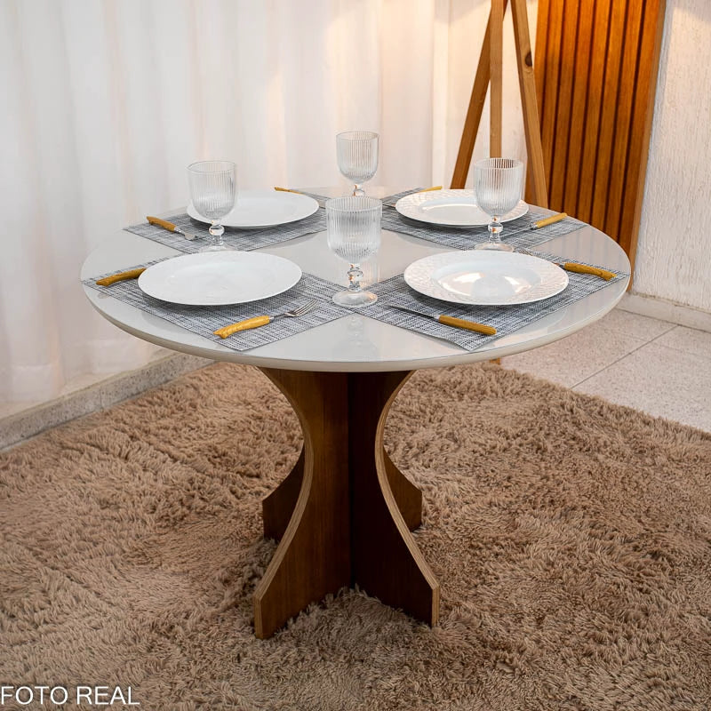 Mesa de Jantar Siena Redonda 100cm Vidro Off/Base Cinamomo - Minas Plac