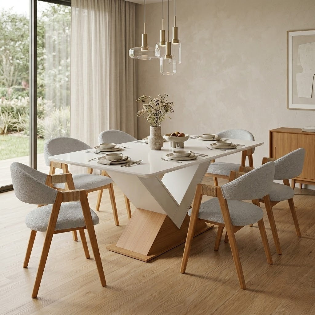 Mesa Amora BA35 160 Canela/Off White com 6 Cadeiras Ravenna Linho Cinza – KAPPESBERG + GARDIM MÓVEIS