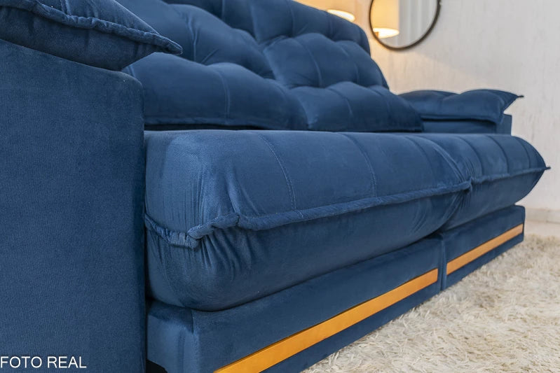 Sofá Retrátil Reclinável Barcelona 2.30m Veludo Azul - D33 e Molas Ensacadas