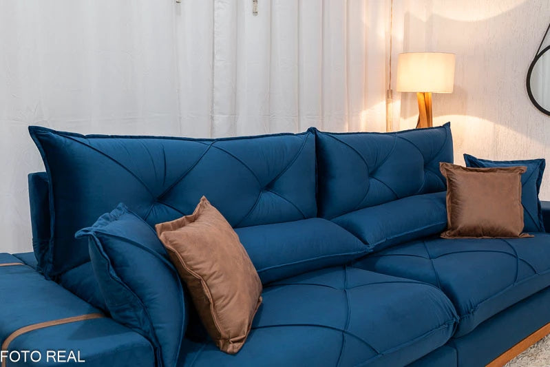 Sofá Retrátil Reclinável Gran Bello Veludo Azul Larg. 2.90m - D33 e Molas Ensacadas